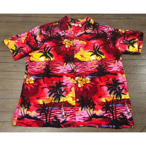 Hula Hula Hawaiian Shirt Fuchsia Black/Red/Yellow Palm Trees Tropical Rayon- 2XL
